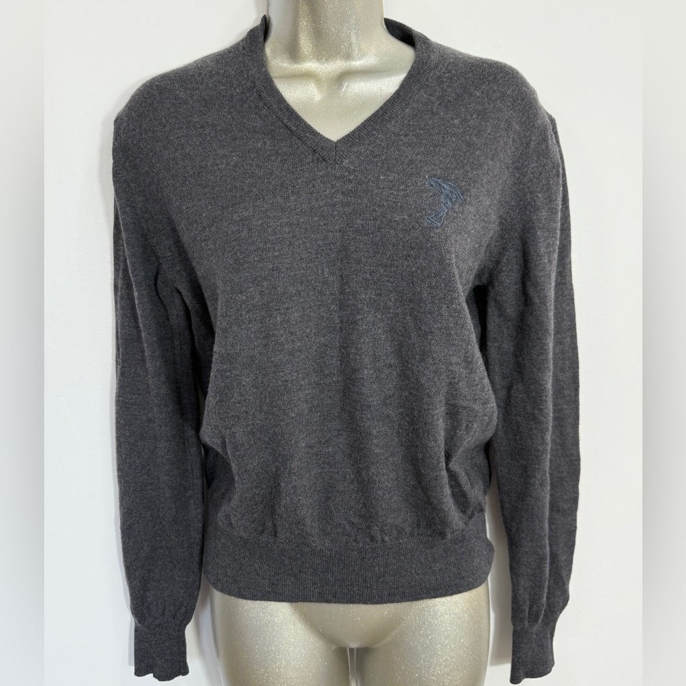 Versace Women's V-Neck Sweater in Charcoal Gray with Subtle Medusa Logo modal